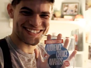 Watch Jeremy Jordan Show Off His Broadway.com Audience Choice Award as the Newsies Cast Shares Fave Fan Gifts