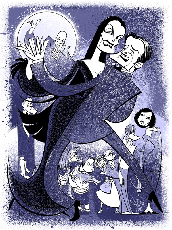 Family Portrait! Squigs Illustrates Brooke Shields and the Ghoulish Gang of The Addams Family