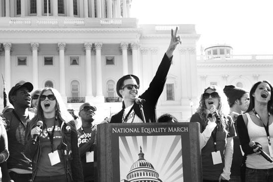 Hair at the National Equality March - Gavin Creel at podium