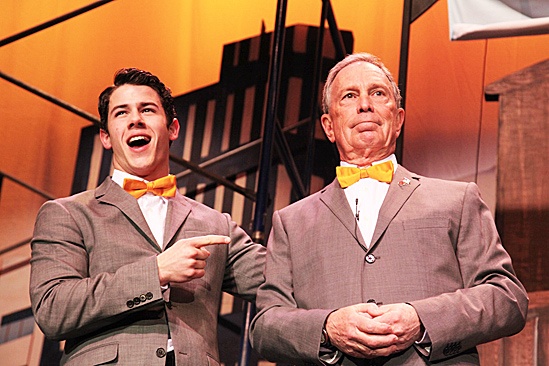 Bloomberg and How to Succeed Cast – Nick Jonas – Michael Bloomberg (pointing)