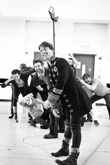 Peter and the Starcatcher Rehearsal – Christian Borle with ship on Back