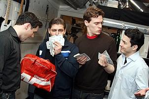 Photo Op - Jersey Boys in SF - Michael Ingersoll - Deven May - Erich Bergen - Christopher Kale Jones (bag of money)