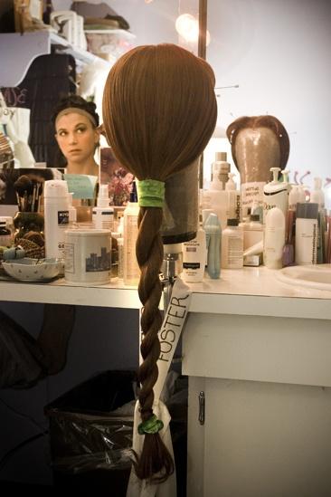 Sutton Foster backstage at Shrek –wig in mirror