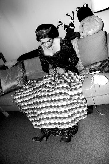 Sutton Foster backstage at Shrek – crocheting