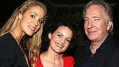 Carla Gugino receives opening night guests, film actress Elizabeth Berkley and actor/director Alan Rickman, currently repped on the New York boards by his staging of Rachel Corrie.