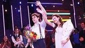 This time with smiles! Lea Michele and Jonathan Groff wave goodbye.