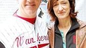 Costars Gregory Jbara and Haydn Gwynne put on their game face. Their team is, apparently, the Billy Elliot Wankers.