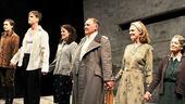 Cast members Libby Woodbridge, Lee Aaron Rosen, Samantha Soule, Zach Grenier, Lisa Emery and Patricia Conolly stand straight and tall (on their slanted stage) for opening night applause.