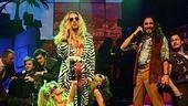 Will Swenson as Stacee Jaxx, Adam Dannheisser as Dennis, Mitchell Jarvis as Justice and company in Rock of Ages.