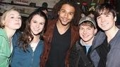Spring Awakening cast members Emily Kinney, Alexandra Socha, Gerard Canonico and Matt Doyle pose for a backstage pic with Corbin Bleu.