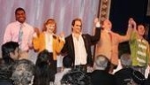 Take a bow! Castmates Max Kumangai, Chandra Lee Schwartz, David Pittu, Peter Bartlett and Matt Schock celebrate their second opening night…
