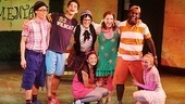 The smiling cast of Freckleface Strawberry gathers for their curtain call: Andrew Cristi, Joey Haro, Linda Gabler, Kimiko Glenn, Hayley Podschun, Mykal Kilgore and Jessica Bishop.