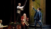 Henry Stram as The Amanuensis, Sean Dugan as Adraste, David Margulies as Pridamant of Avignon and Finn Wittrock as Clindor in The Illusion.