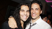 A tale of two Bergers: Current star Steel Burkhardt gets a hug from Priscilla’s Will Swenson, who originated the role of Hair’s randy ringmaster.
