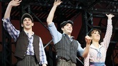 Newsies stars Ben Fankhauser, Corey Cott and Kara Lindsay wave one final farewell before leaving the stage at the Nederlander Theatre. 