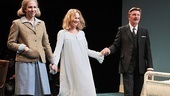 Rebecca Henderson, Larry Bryggman, and Lisa Emery step out to booming applause at curtain call on opening night of The Collection & A Kind of Alaska.