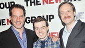Looks like they’ve adopted him off stage as well as on! Danny Mastrogiorgio and Andrew Garman flank off-Broadway newcomer Evan Johnson. 