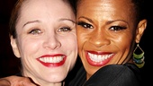Charlotte d’Amboise and Bahiyah Hibah share a hug after their 15th anniversary performance as Roxie and Velma. 