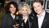 Andrea Martin, Joan Rivers and Martin Short lift their glasses to Tracie Bennett.