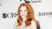 Broadway-bound movie star Jessica Chastain goes nude (sort of!) with this edgy Mario Schwab cocktail dress, Harry Winston jewels and Giuseppe Zanotti heels. 