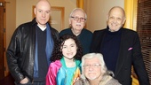 Anthony Warlow and Lilla Crawford pose with the musical’s legendary creative team: scribe Thomas Meehan, composer Charles Strouse and lyricist Martin Charnin.