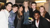 Jane Lynch finds herself surrounded by her loving and supportive Glee co-stars on her opening night in Annie. From left: Darren Criss, Kevin McHale, Jenna Ushkowitz, Jane Lynch, Chris Colfer, Alex Newell and Ashley Fink.