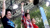 Idiot’s leading men Michael Esper, John Gallagher Jr. and Stark Sands throw their fists in the air after a rocking performance.