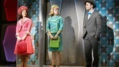 Rose Hemingway as Rosemary Pilkington, Mary Faber as Smitty and Daniel Radcliffe as J. Pierrepont Finch in How to Succeed in Business Without Really Trying.