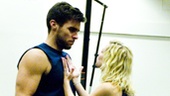 Patti Murin motivates her on stage boyfriend Josh Segarra before he heads off for an important basketball game.