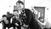 Peter and the Starcatcher Rehearsal – Christian Borle with ship on Back