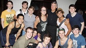 The handsome young cast of Newsies surrounds Silence! stars Jenn Harris and David Garrison.