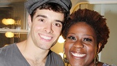 Newsies mama Capathia Jenkins gives Corey a big squeeze after his first performance.