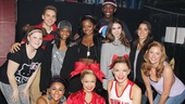The gymnastics girls grab a photo op with the stars of Bring It On: Ryann Redmond, Neil Haskell, Ariana DeBose, Elle McLemore, Adrienne Warren, Dominique Johnson, Kate Rockwell and Taylor Louderman.