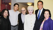 Sandra Castellanos (l.), one of Ann Richard's assistants who's mentioned in the play joins John Paul Cisneros, director Benjamin Endsley Klein, star Holland Taylor, Henry Cisneros and Mary Alice Cisneros backstage at the Vivian Beaumont Theatre.