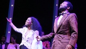 Valisia LeKae and Brandon Victor Dixon (as Diana Ross and Berry Gordy) greet the crowd during Motown: The Musical’s opening night curtain call.