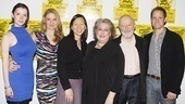 The cast of the Language Archive lines up for a photo with playwright Julia Cho: Betty Gilpin, Heidi Schreck, Cho, Jayne Houdyshell, John Horton and Matt Letscher.
