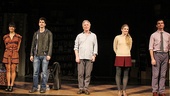 The distinguished cast of Seminar— Hettienne Park, Hamish Linklater, Alan Rickman, Lily Rabe and Jerry O’Connell—steps forward during their opening night curtain call. 