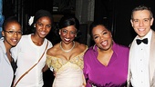 Accompanied by Noxolo Dyaluvane and Sade Pietersen, students in her Leadership Academy, Oprah Winfrey congratulates Memphis stars Montego Glover and Adam Pascal on an amazing show.