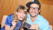 Who’s like them? Damn few! Merrily We Roll Along’s trio of stars, Celia Keenan-Bolger, Lin-Manuel Miranda and a virtual Colin Donnell (who joined via FaceTime from Canada), celebrate the CD signing. 