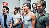 Corey Cott, David Guzman, Kara Lindsay, Jacob Guzman, Garett Hawe and Michael Fatica sing happy birthday to Jess LeProtto.