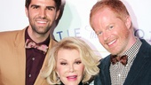 Funny lady Joan Rivers is embraced by Tie the Knot founders Justin Mikita (l.) and Jesse Tyler Ferguson at the launch of their spring collection of bow ties. 