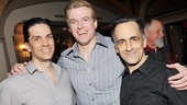 Superman title star Edward Watts embraces his onstage nemeses Will Swenson and David Pittu.