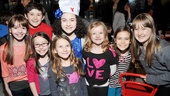 Lilla Crawford enjoys her delicious b-day party with stars of another family-friendly musical, Matilda. From left: Ava DeMary, Jack Broderick, Bailey Ryon, Sophia Gennusa, Crawford, Milly Shapiro, Oona Laurence and Emma Howard.