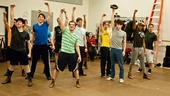 The cast hits their final pose in “Seize the Day!” From left: Andy Richardson, Ben Fankhauser, Evan Kasprzak, Jeremy Jordan, Ryan Breslin, Kyle Coffman, Ephraim M. Sykes and Thayne Jasperson