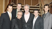 Frankie Valli and Bob Gaudio (c.) provided the inspiration for the Broadway hit Jersey Boys, starring (from left) Matt Bogart, Jeremy Kushnier, Jarrod Spector and Drew Gehling.   