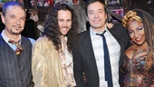 Jimmy Fallon is all smiles backstage with Rock of Ages stars Paul Schoeffler (Hertz), Tony LePage (on for Adam Dannheisser as Dennis) and Teresa Stanley (Justice).