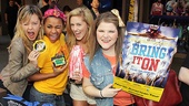 Bring It On stars Kate Rockwell, Ariana DeBose, Taylor Louderman and Ryann Redmond cheerfully hock their show’s merchandise. 